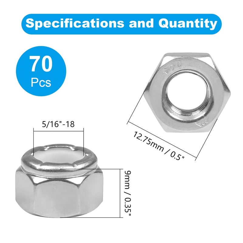 Yinpecly 70PCS 5/16"-18 Nylon Insert Hex Lock Nuts,304 Stainless Steel Locknuts,Hex Drive,Coarse Thread,Self-Locking Nuts for Industrial Construction Fasteners - Image 2